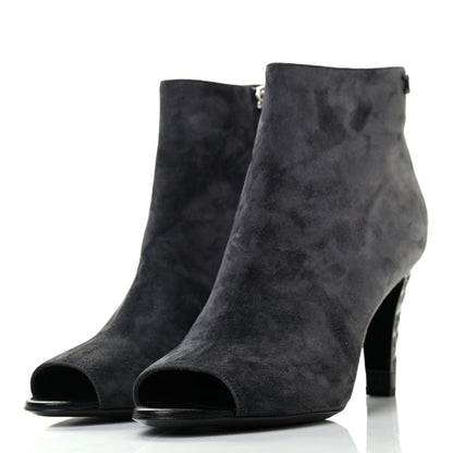 Chanel Suede Calfskin Patent Quilted Peep Toe Short Boots 38 Dark Grey 3 of 11