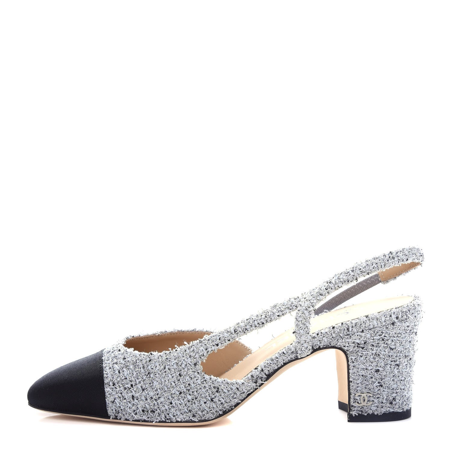 Chanel Tweed Grosgrain Cap Toe CC Slingback Pumps 37.5 Grey Silver Black 1 of 12