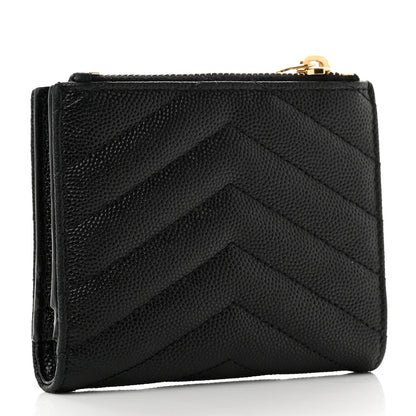 Saint Laurent Grain De Poudre Matelasse Chevron Monogram Zipped Card Case Black 3 of 8