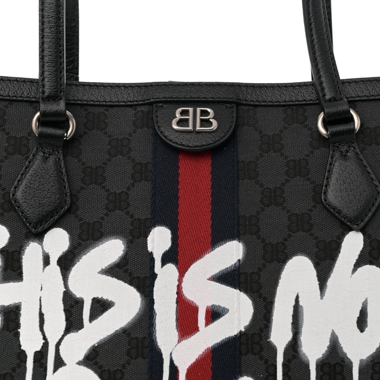 X BALENCIAGA BB Monogram Web Graffiti Medium Ophidia Shopping Tote Black
