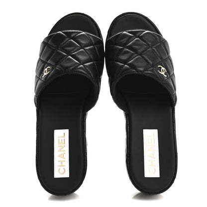 Chanel Lambskin Quilted CC Mules Wedge Sandals 40 Black 2 of 10