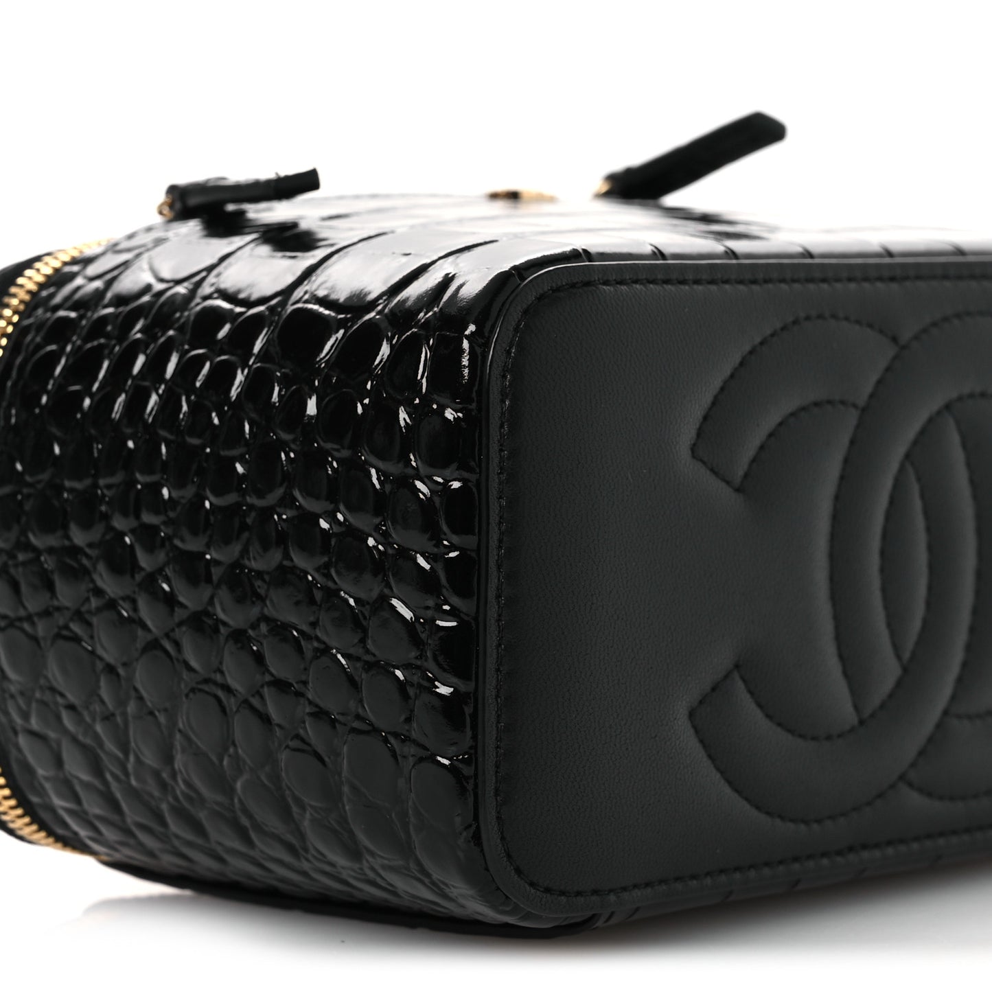 Calfskin Crocodile Embossed Crococo Small Top Handle Vanity Case With Chain Black