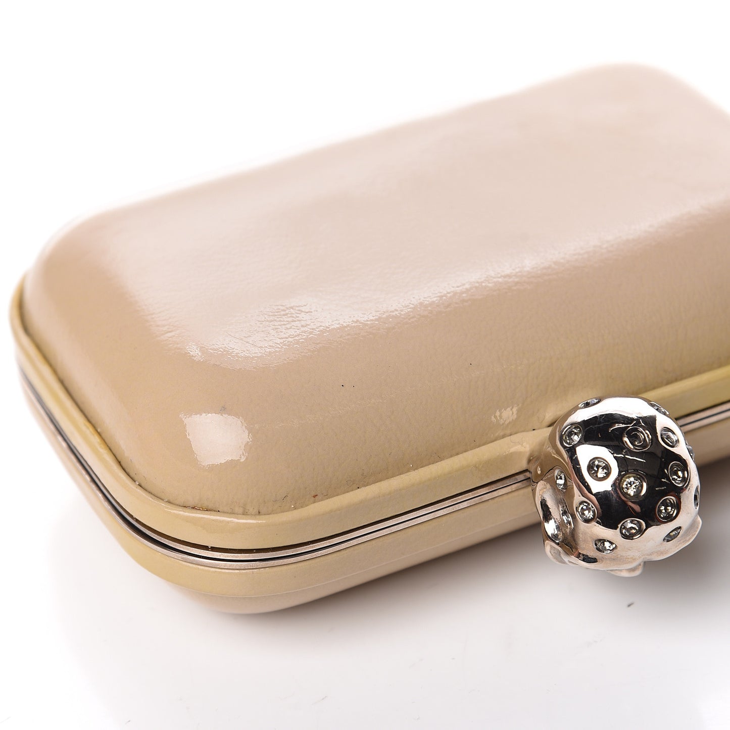 Patent Calfskin Skull Box Clutch Beige