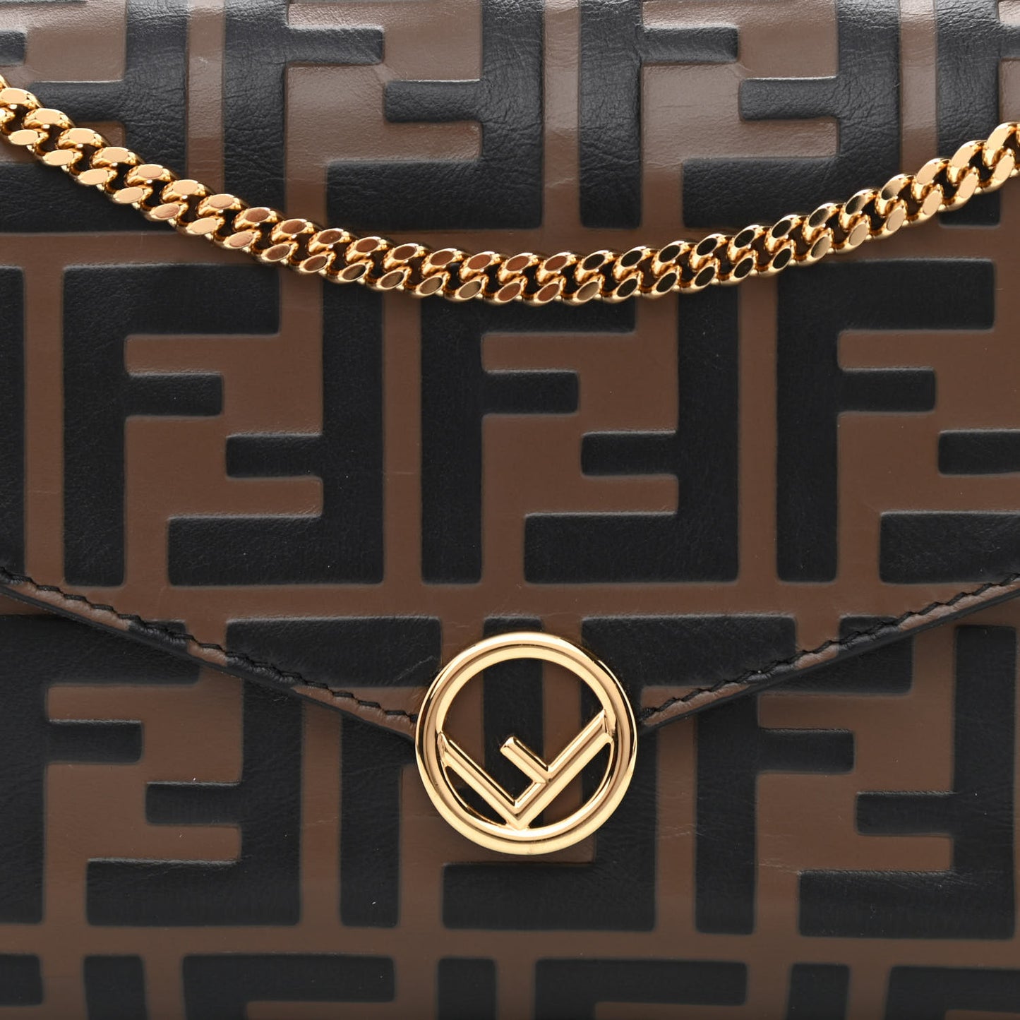 Vitello Soft F is Fendi Bi-Color FF 1974 Embossed Envelope Wallet On Chain with Pouches Maya Black