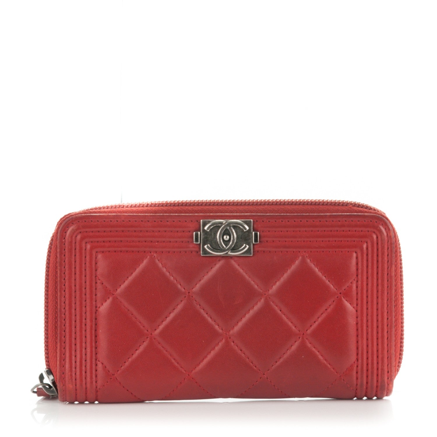 Chanel Lambskin Quilted Small Boy Zip Around Wallet Red 1 of 9