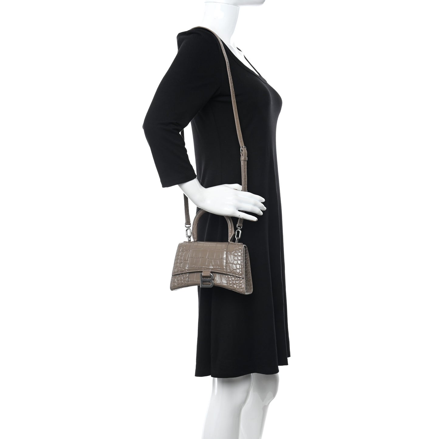 Shiny Calfskin Crocodile Embossed Hourglass Top Handle Bag XS Mink Grey