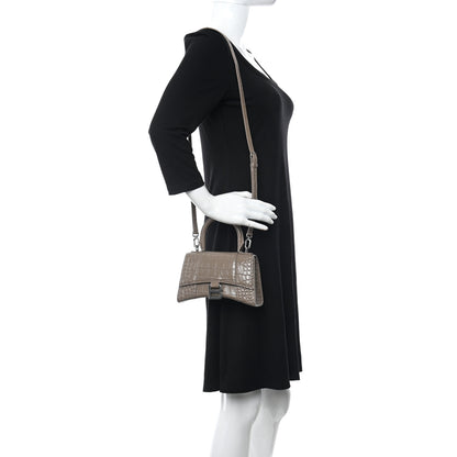 Balenciaga Shiny Calfskin Crocodile Embossed Hourglass Top Handle Bag XS Mink Grey 2 of 11