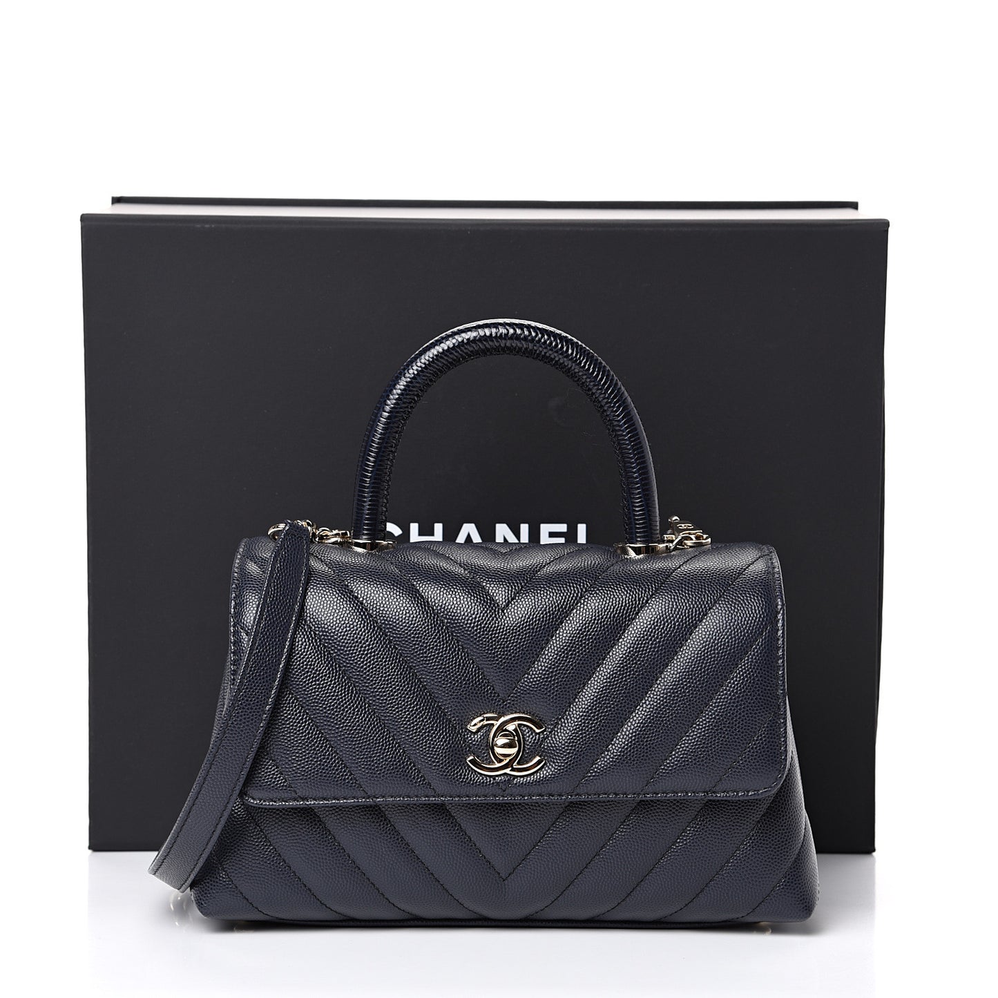 Caviar Chevron Quilted Mini Coco Handle Flap Navy