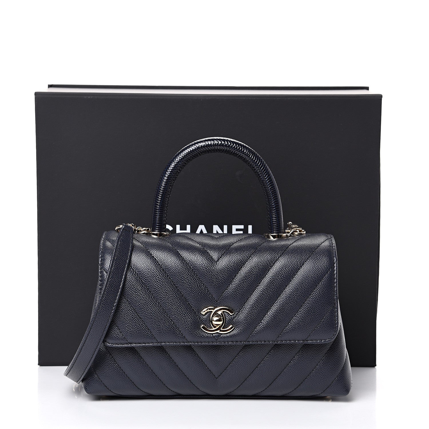 Chanel Caviar Chevron Quilted Mini Coco Handle Flap Navy 10 of 10