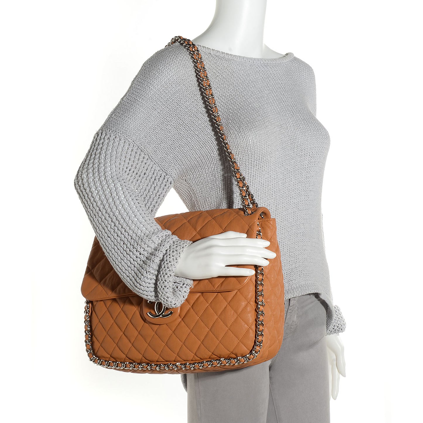 Washed Lambskin Chain Around Maxi Flap Bag Dark Beige