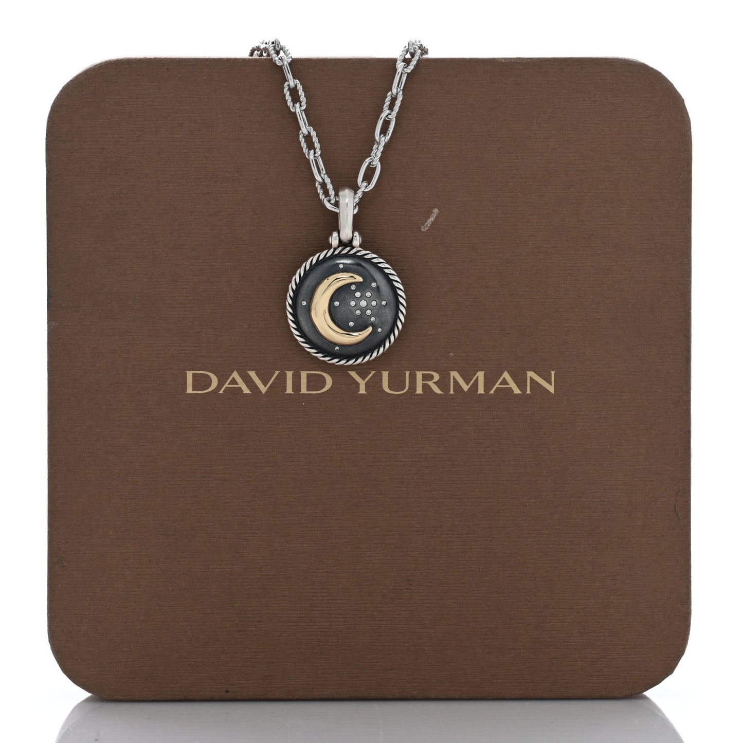 Sterling Silver 18K Yellow Gold Diamond Moon and Star Amulet 3mm Chain Necklace