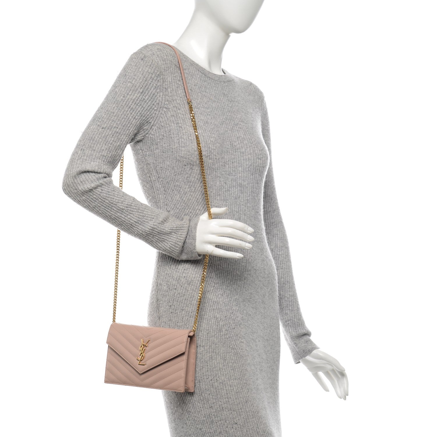 Saint Laurent Grain De Poudre Matelasse Chevron Monogram Envelope Chain Wallet Pale Pink 2 of 11