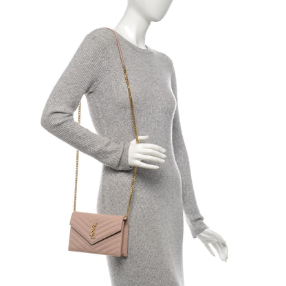 Saint Laurent Grain De Poudre Matelasse Chevron Monogram Envelope Chain Wallet Pale Pink 2 of 11