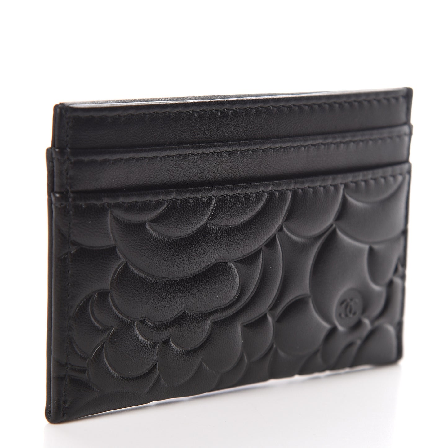 Lambskin Camellia Embossed Card Holder Black