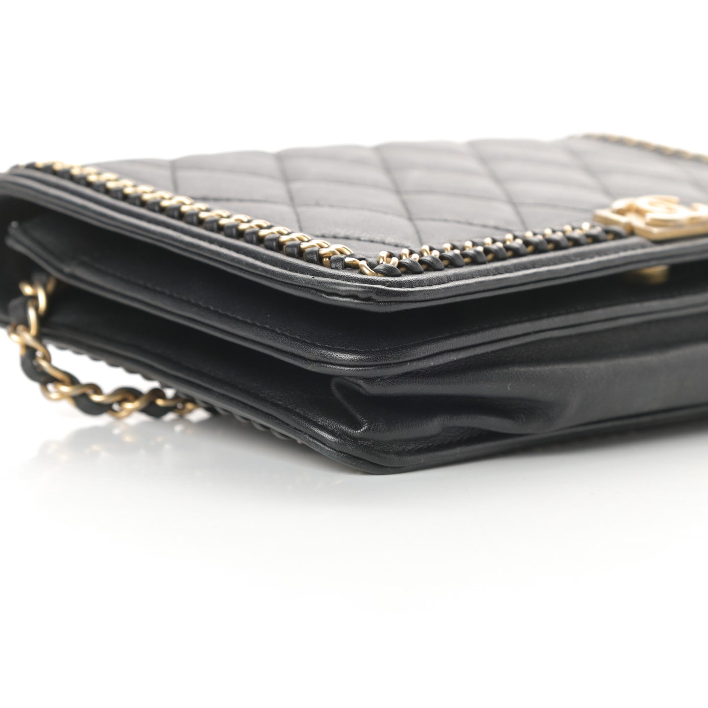 Calfskin Quilted Chain Around Boy Wallet On Chain WOC Black