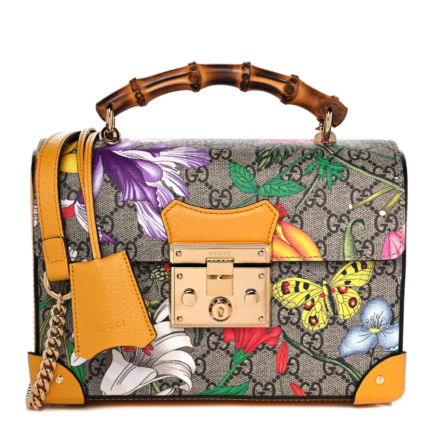 GG Supreme Monogram Flora Small Padlock Bamboo Shoulder Bag Beige Multicolor Crop