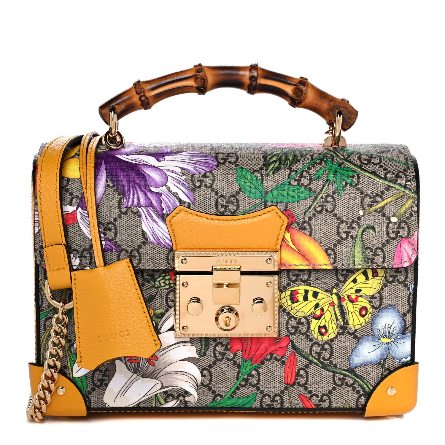 Gucci GG Supreme Monogram Flora Small Padlock Bamboo Shoulder Bag Beige Multicolor Crop 1 of 13