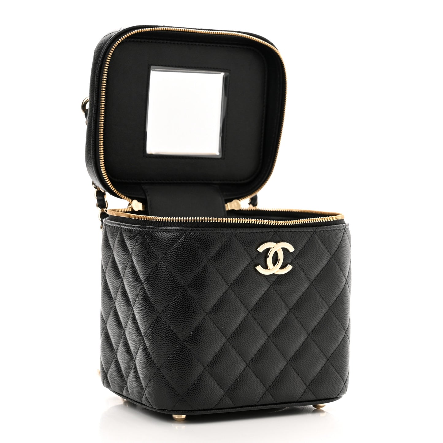 Caviar Quilted Small Top Handle Vanity Case With Chain Black