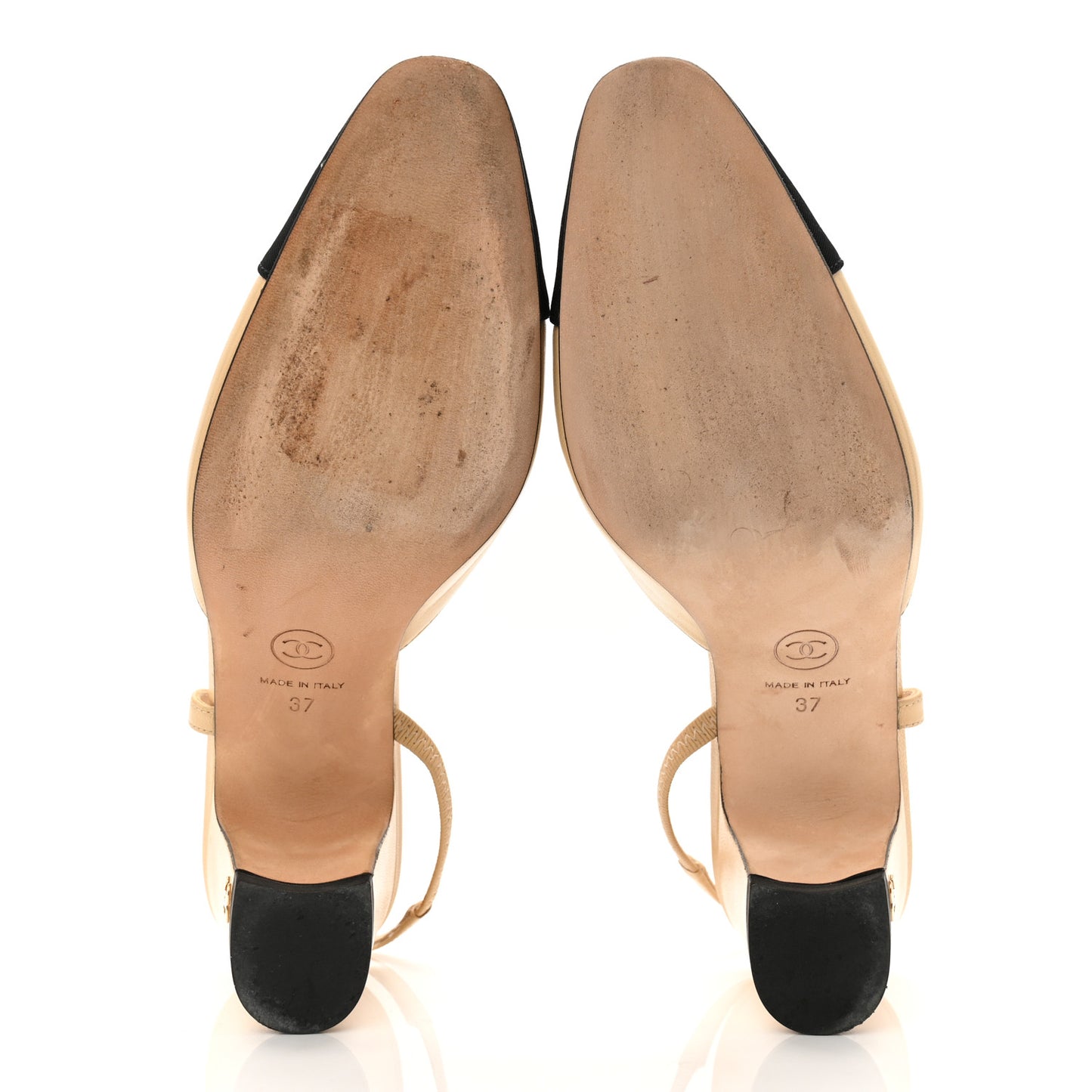 Goatskin Grosgrain Cap Toe CC Slingback Pumps 37 Beige Black