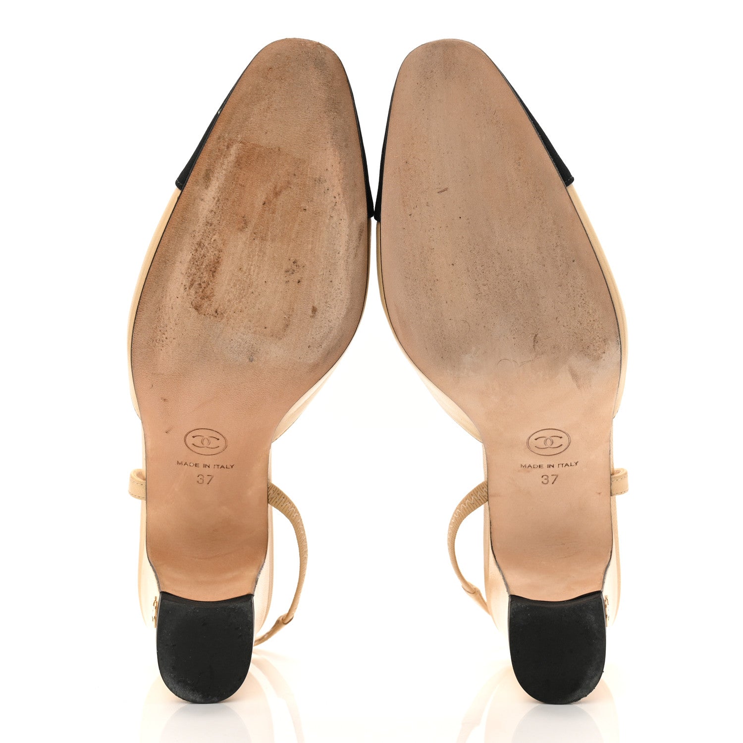 Chanel Goatskin Grosgrain Cap Toe CC Slingback Pumps 37 Beige Black 6 of 11