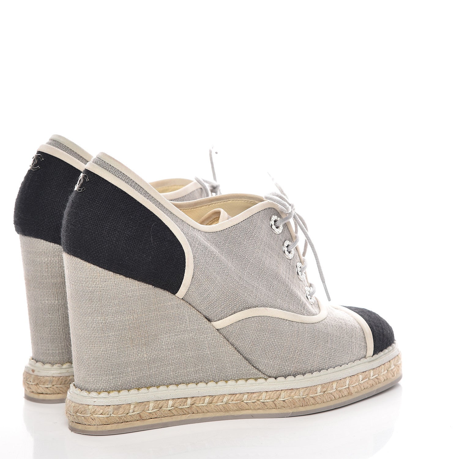 Chanel Cotton Lace Up Wedge Espadrilles 38.5 Grey Navy Blue 4 of 15