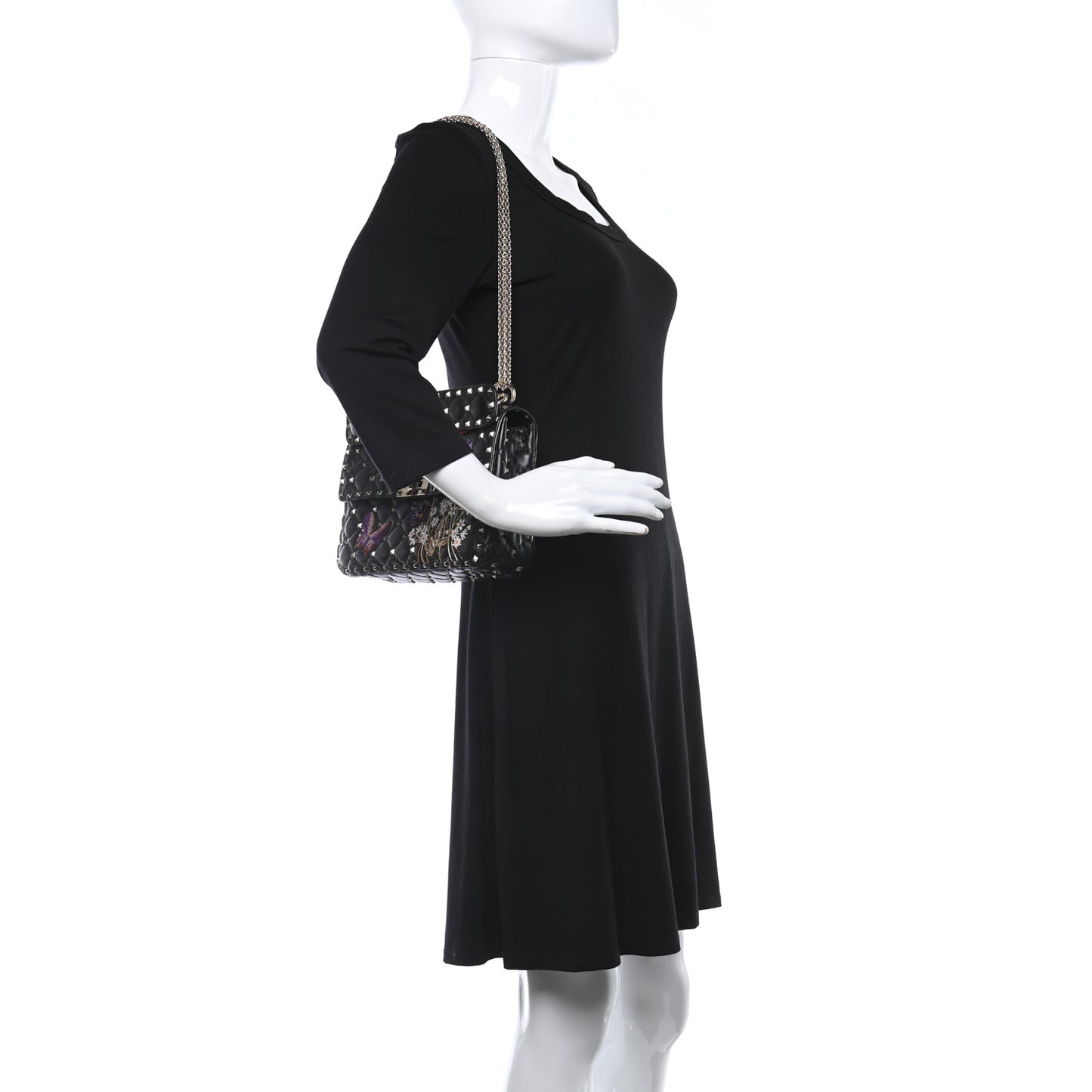 Lambskin Medium Floral Embellished Rockstud Spike Shoulder Bag Black