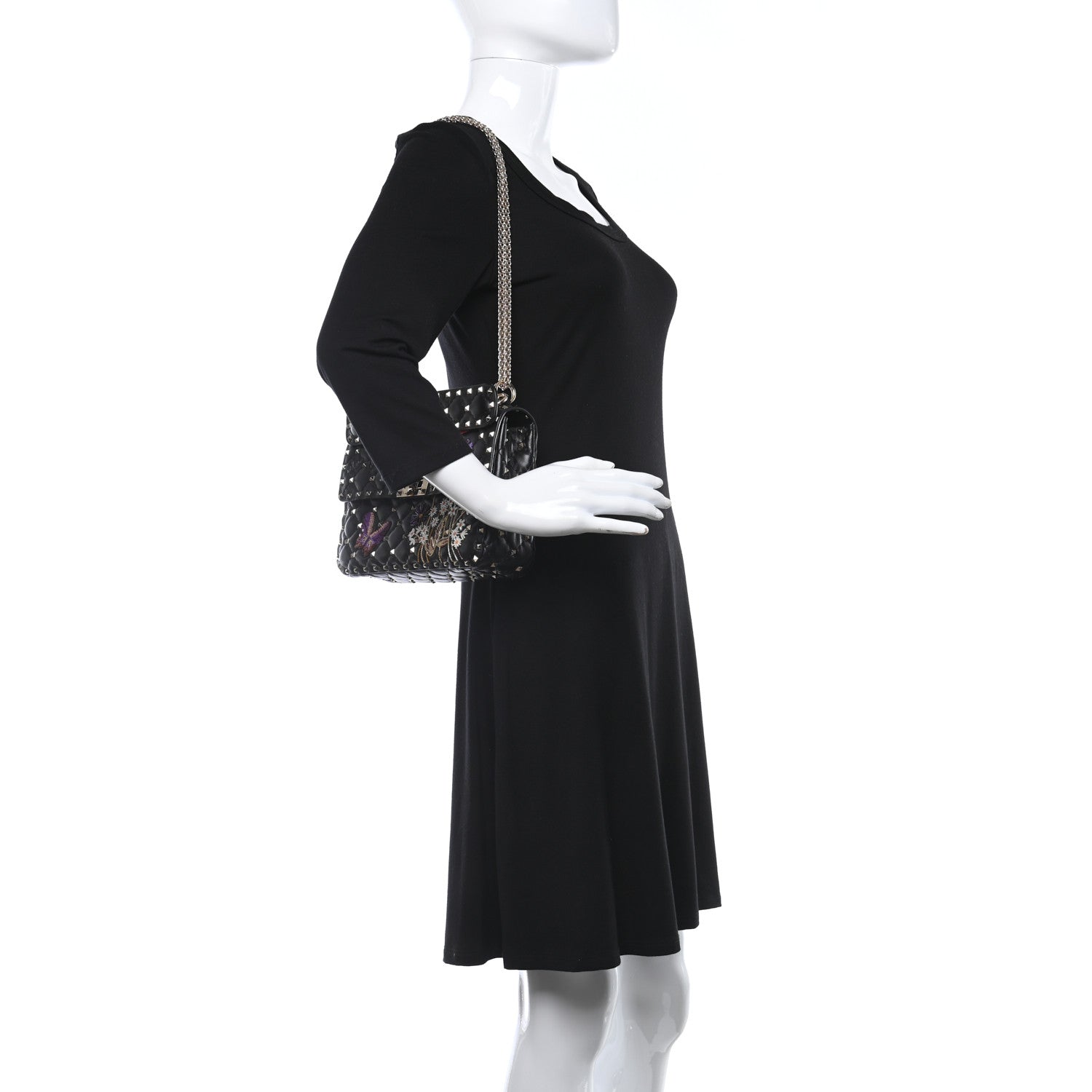 Valentino Garavani Lambskin Medium Floral Embellished Rockstud Spike Shoulder Bag Black 2 of 9