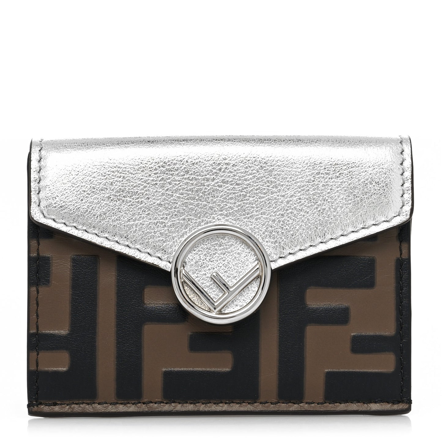 Vitello Soft Catalan Mirror F is Fendi Bi-Color FF 1974 Embossed Micro Tri-Fold Envelope Wallet Maya Black Argento