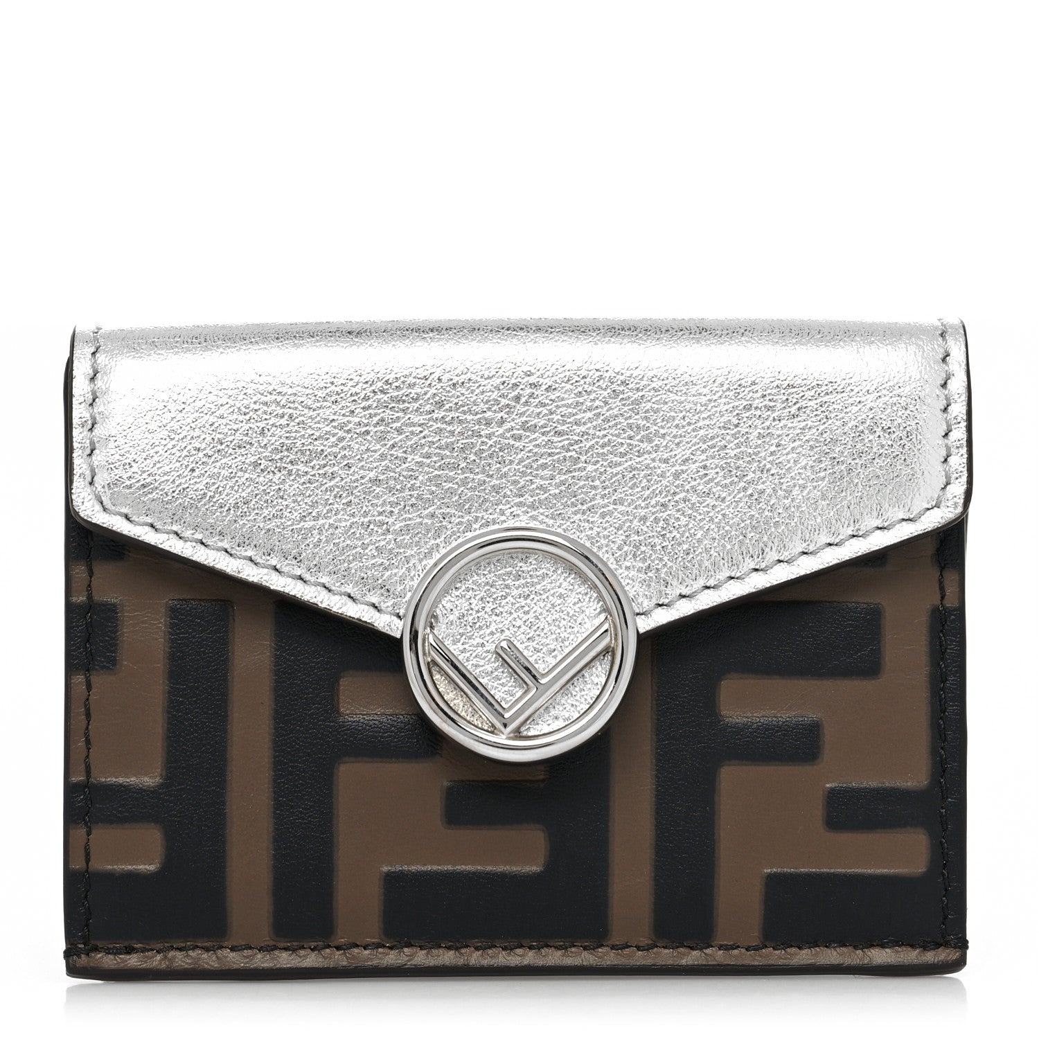 Fendi Vitello Soft Catalan Mirror F is Fendi Bi-Color FF 1974 Embossed Micro Tri-Fold Envelope Wallet Maya Black Argento 1 of 11