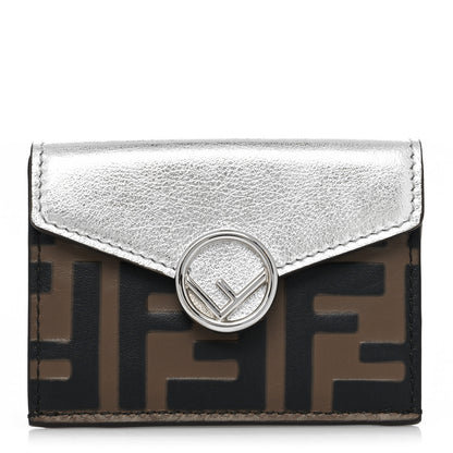Fendi Vitello Soft Catalan Mirror F is Fendi Bi-Color FF 1974 Embossed Micro Tri-Fold Envelope Wallet Maya Black Argento 1 of 11