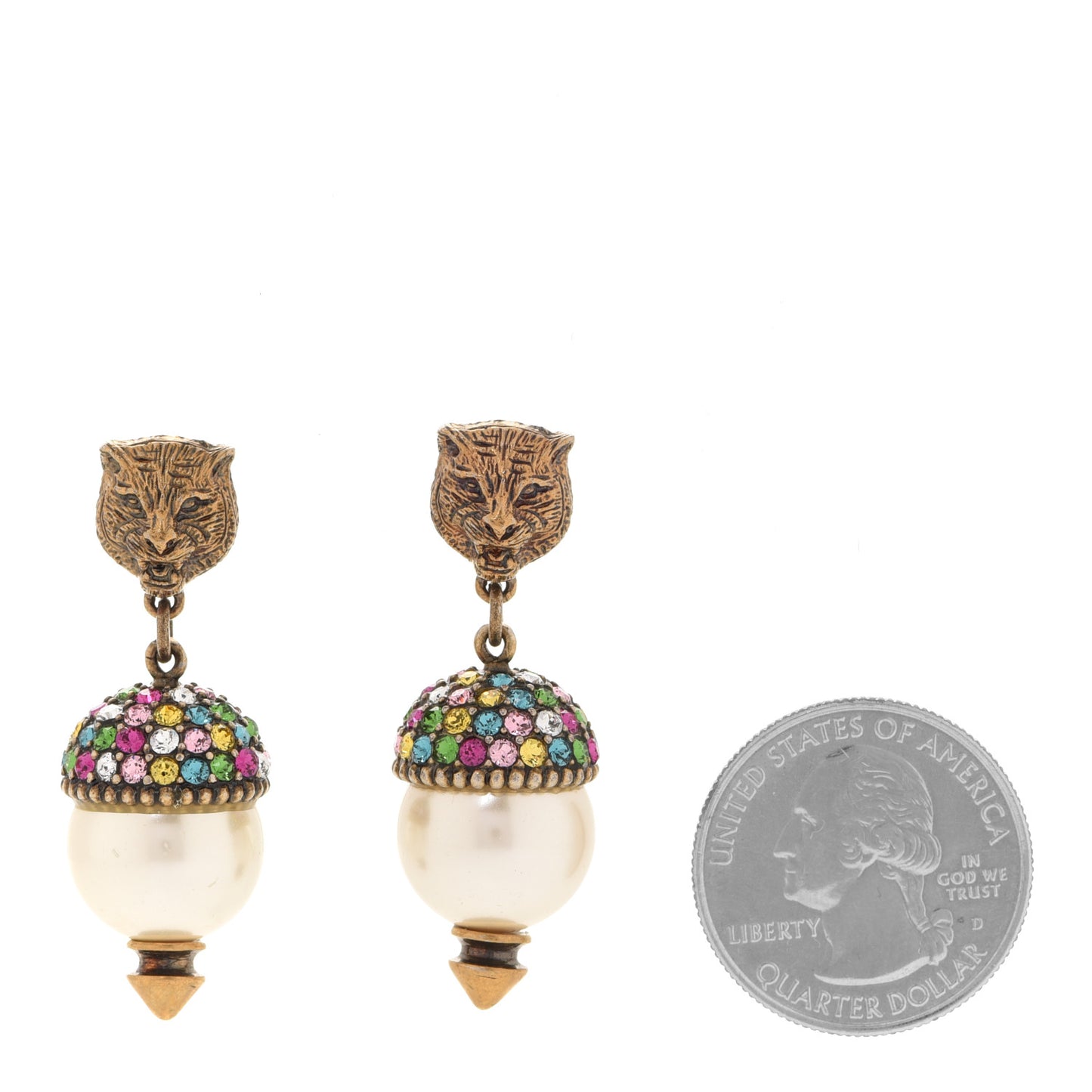 Metal Crystal Pearl Feline Earrings Aged Gold Multicolor