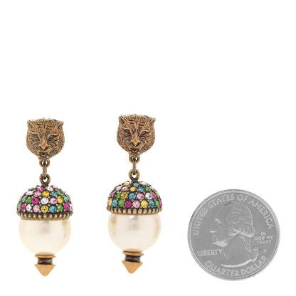Gucci Metal Crystal Pearl Feline Earrings Aged Gold Multicolor 2 of 4