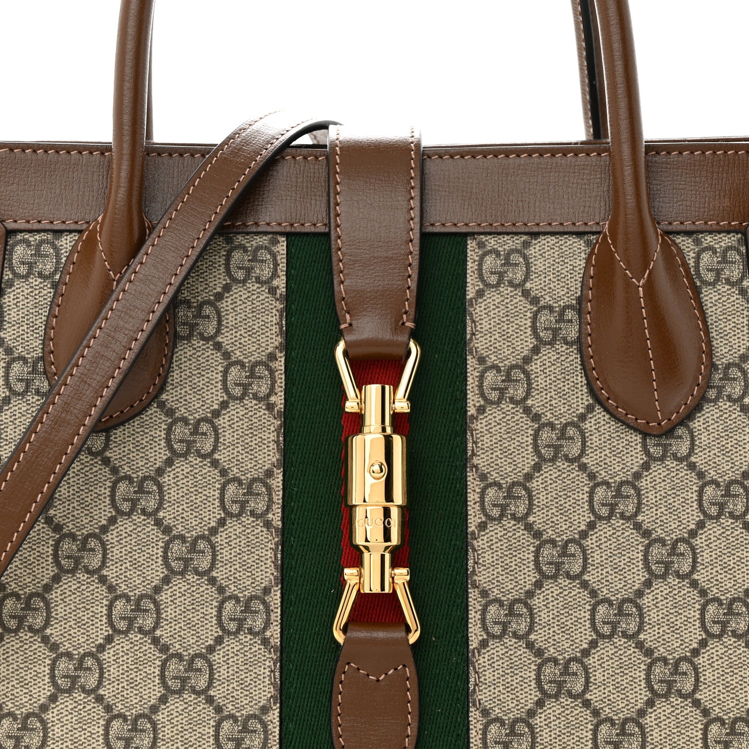 Gucci GG Supreme Monogram Azalea Calfskin Web Medium Jackie 1961 Tote Beige Ebony Brown Sugar 8 of 11