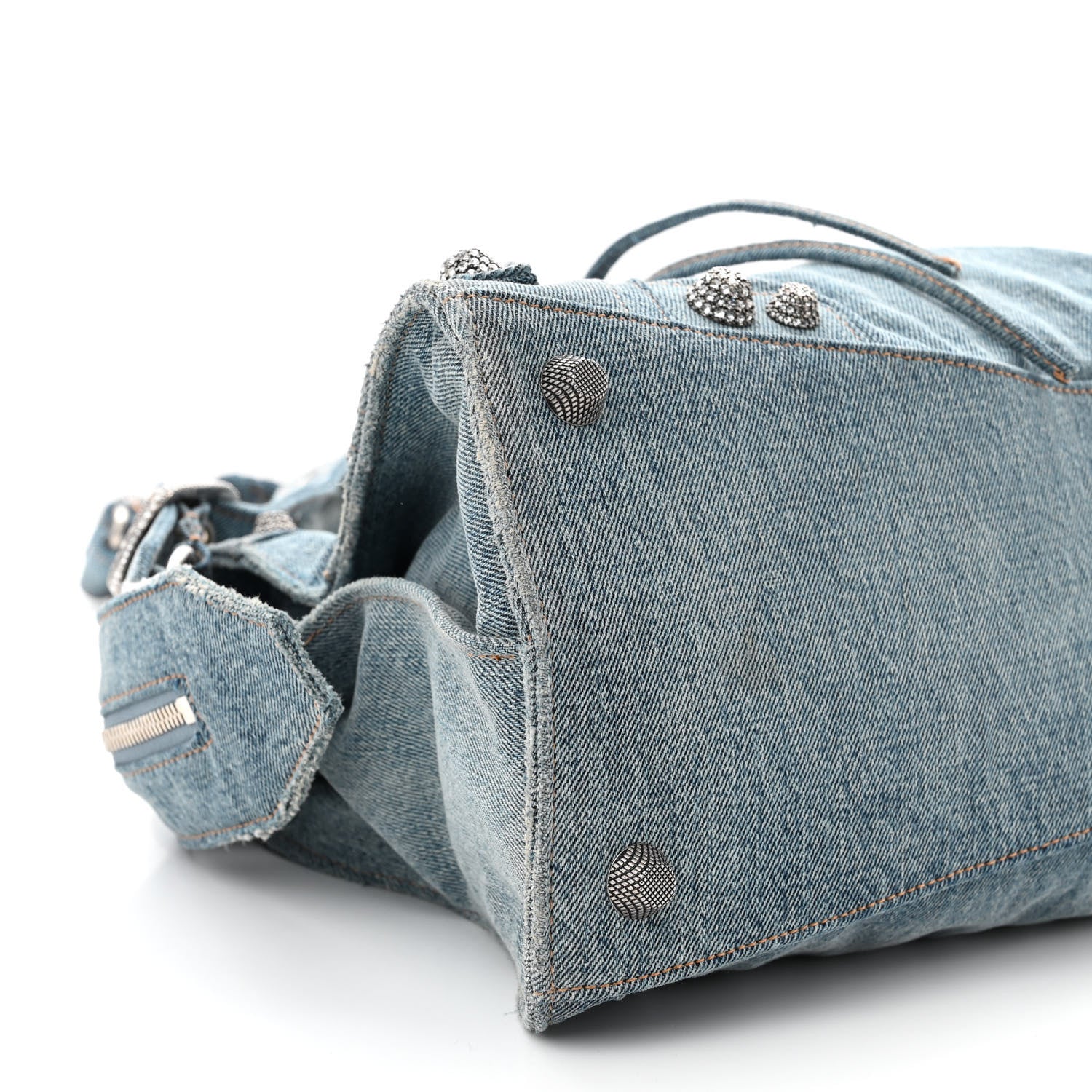Balenciaga Washed Frayed Denim Crystal Neo Cagole City Handbag Blue 9 of 11