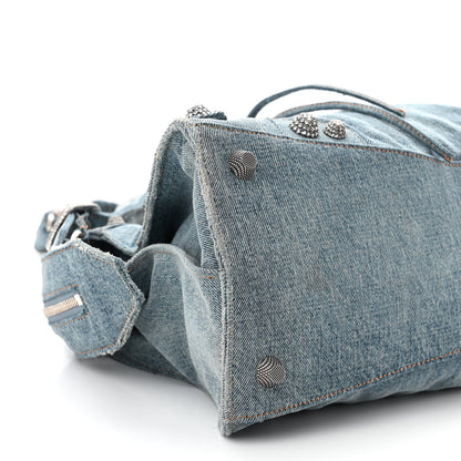 Balenciaga Washed Frayed Denim Crystal Neo Cagole City Handbag Blue 9 of 11