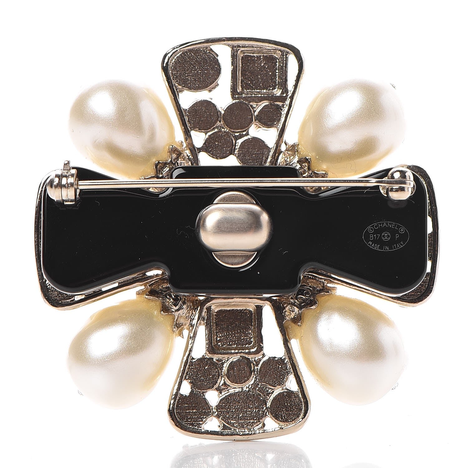 Chanel Gripoix Poured Glass Crystal Pearl Brooch Black Gold 3 of 5
