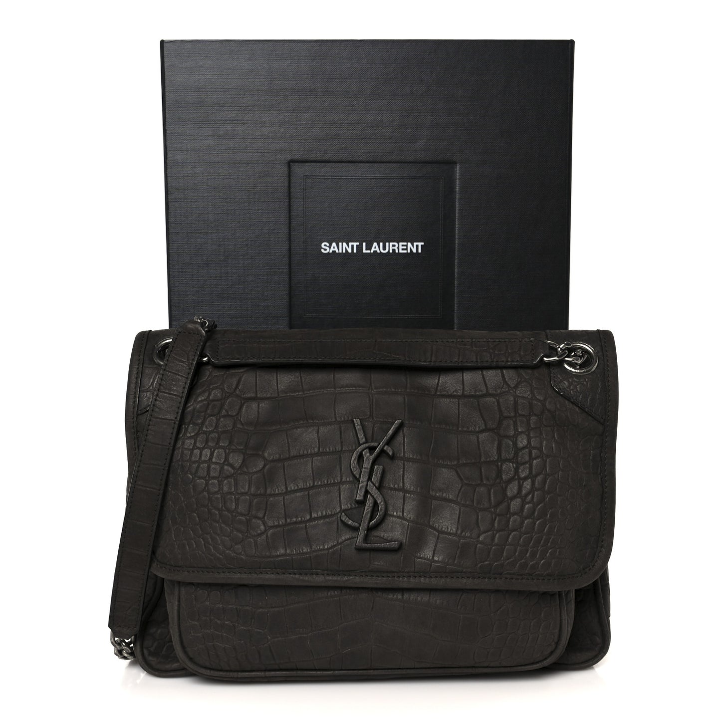 Nubuck Crocodile Embossed Monogram Medium Niki Chain Satchel Wood