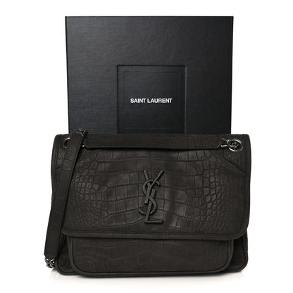 Saint Laurent Nubuck Crocodile Embossed Monogram Medium Niki Chain Satchel Wood 11 of 11