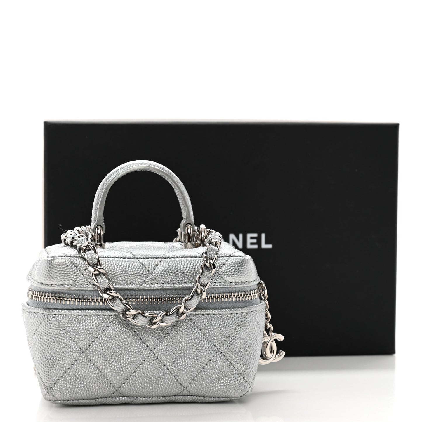 Metallic Caviar Quilted Mini Top Handle Vanity With Chain Silver