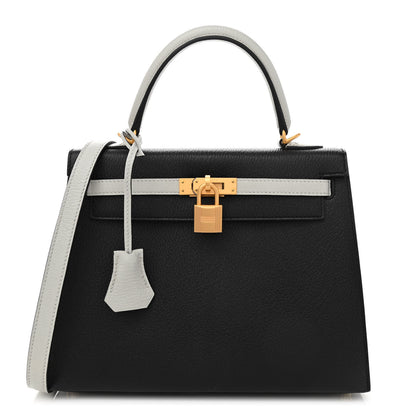 Hermes Chevre Mysore Bi-Color Horseshoe Kelly Sellier 25 Black Gris Mouette 1 of 11