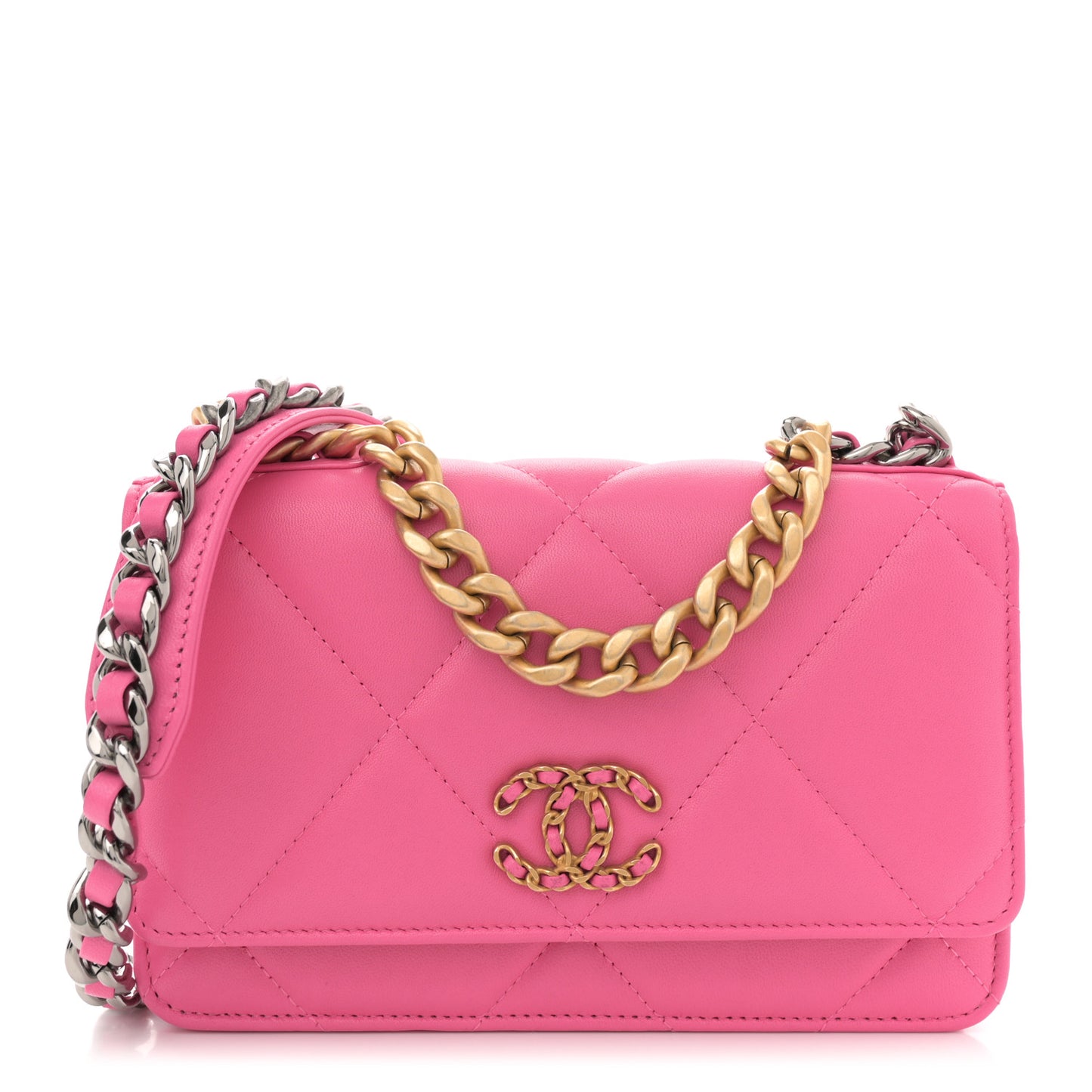 Lambskin Quilted Chanel 19 Wallet On Chain WOC Dark Pink