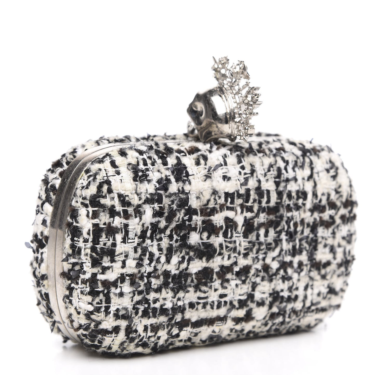 Tweed Calfskin Skull Box Clutch Black White