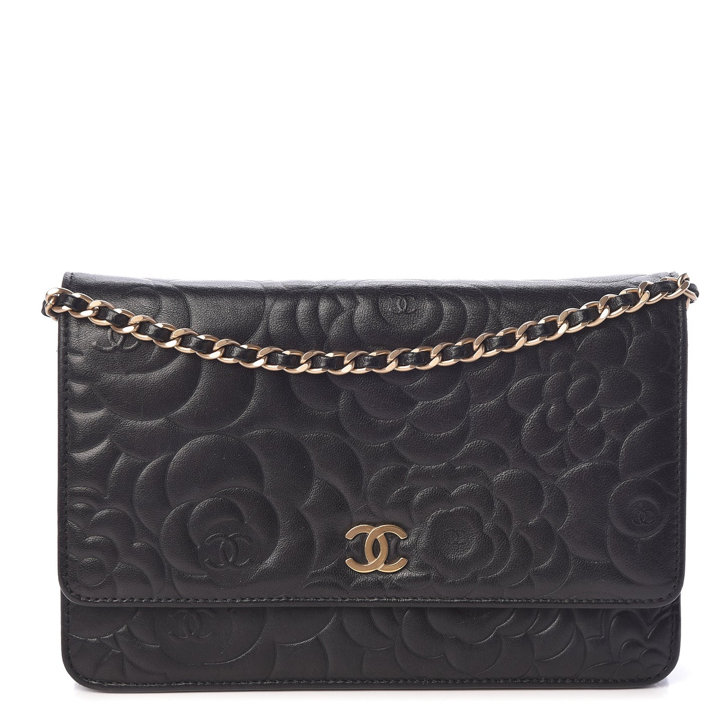 Lambskin Camellia Embossed Wallet On Chain WOC Black