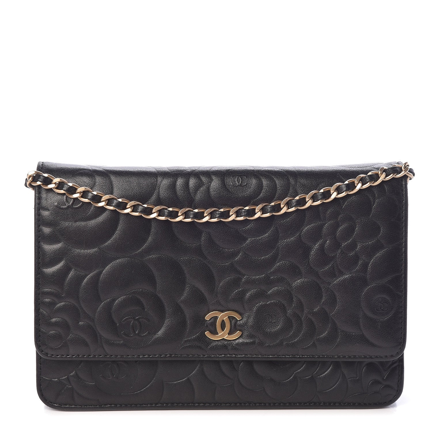 Chanel Lambskin Camellia Embossed Wallet On Chain WOC Black 1 of 10