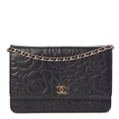 Chanel Lambskin Camellia Embossed Wallet On Chain WOC Black 1 of 10
