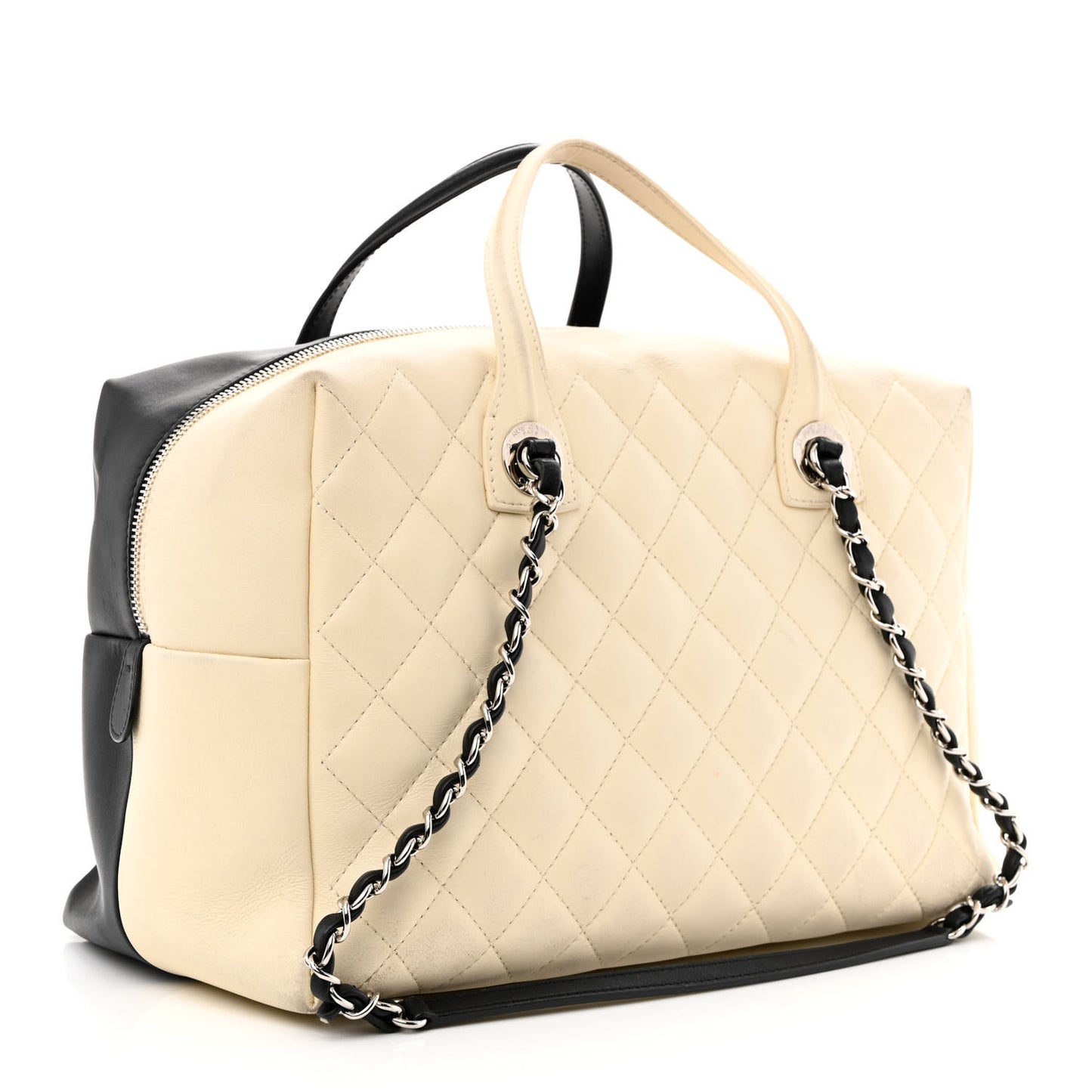 Calfskin Quilted Large Feather Weight Bowling Bag Black Ivory