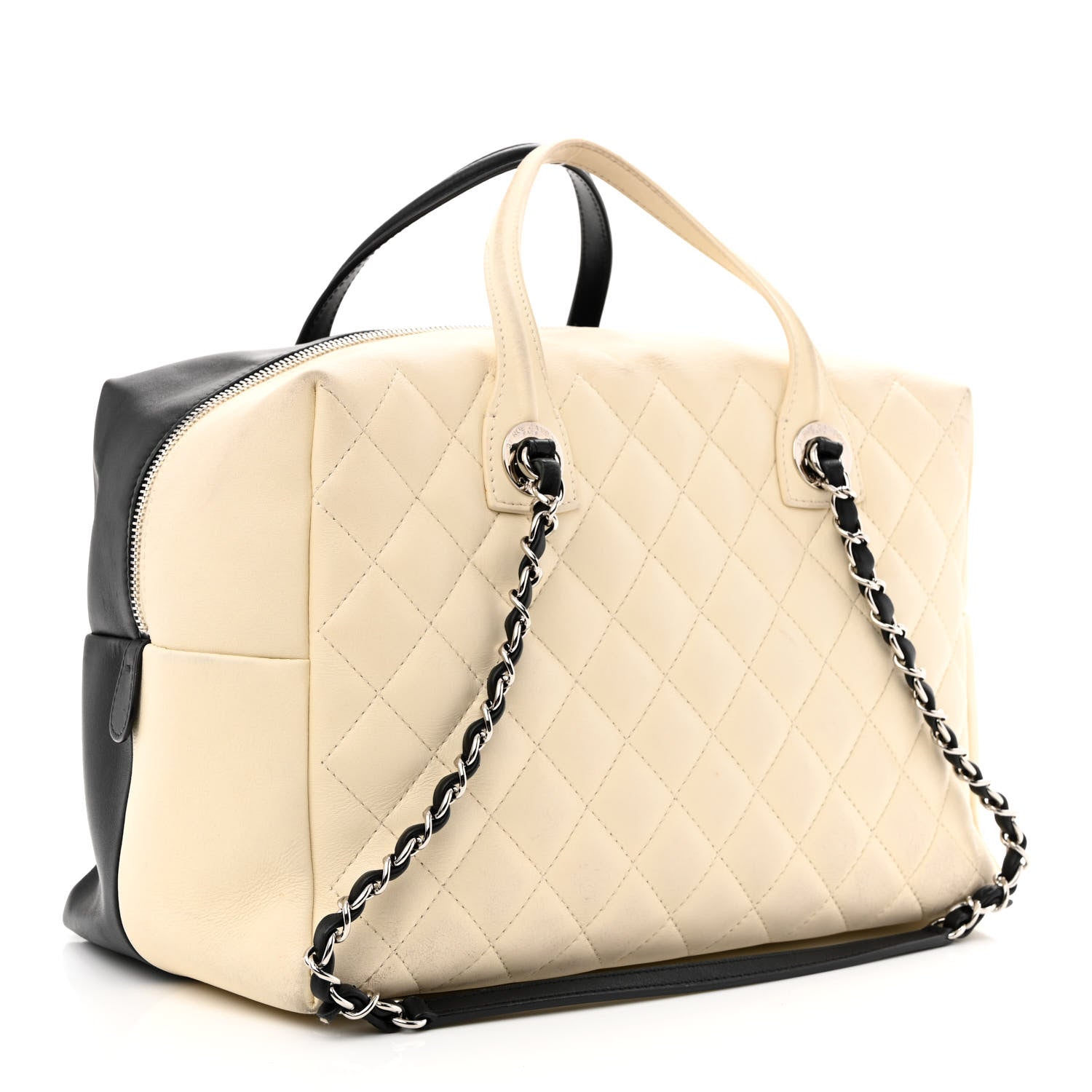 Chanel Calfskin Quilted Large Feather Weight Bowling Bag Black Ivory 4 of 26