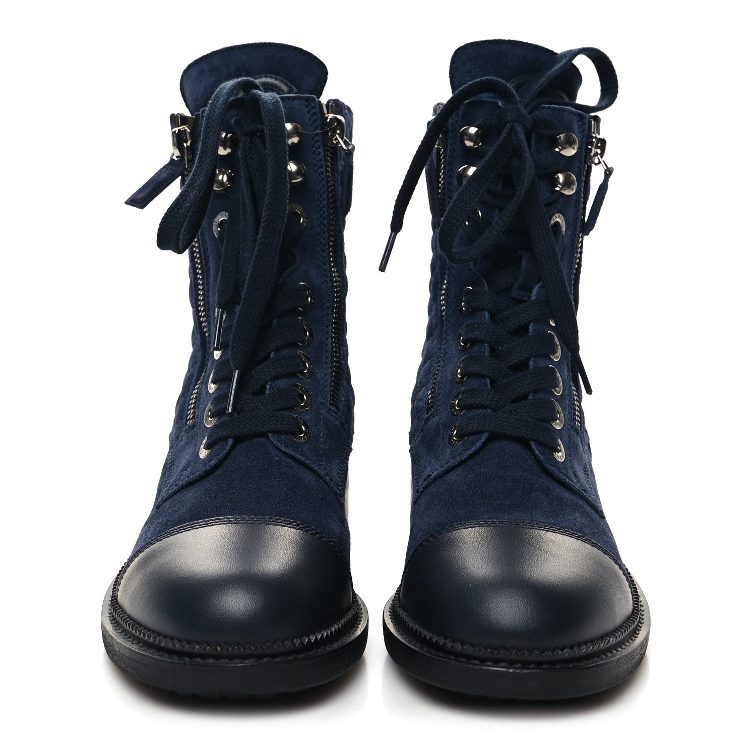 Chanel Suede Quilted CC Lace Up Combat Boots 36 Navy Black 2 of 9