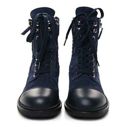 Chanel Suede Quilted CC Lace Up Combat Boots 36 Navy Black 2 of 9