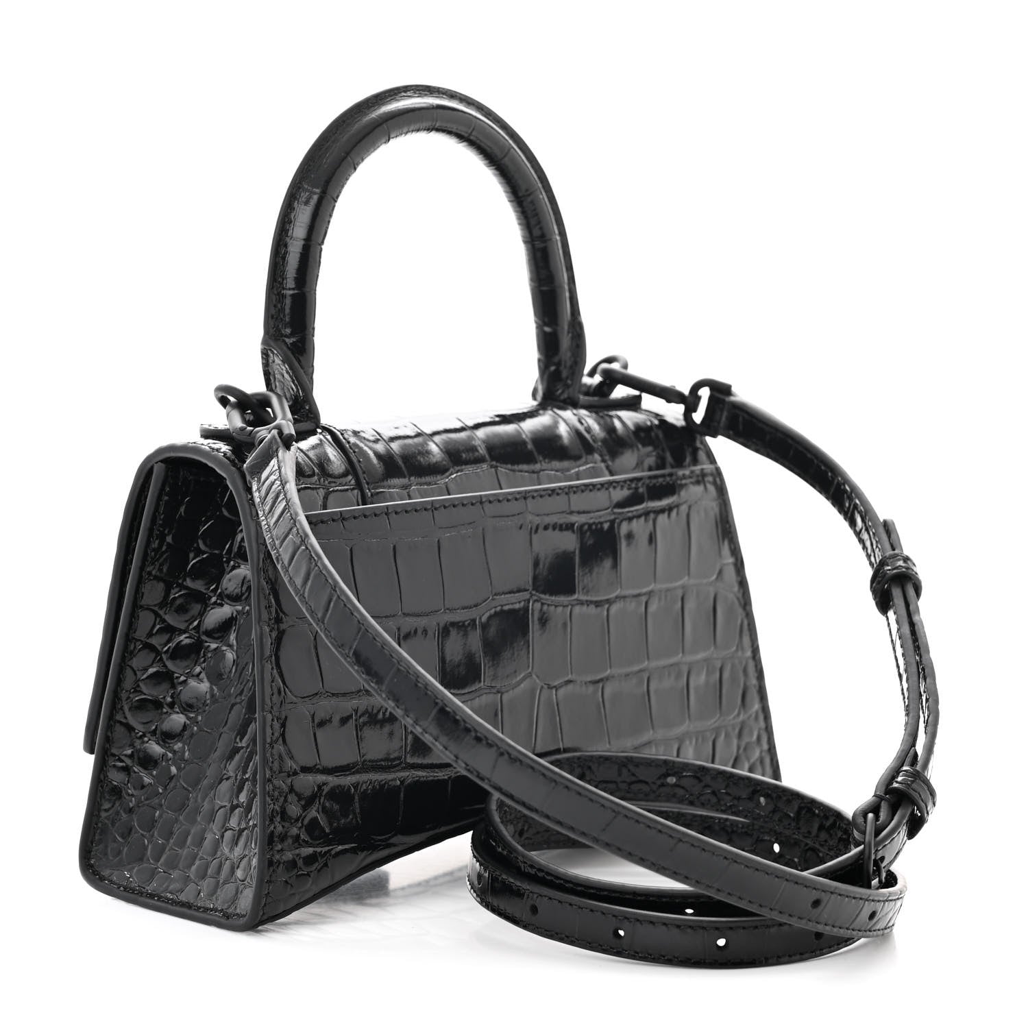 Balenciaga Shiny Calfskin Strass Monochrome Crocodile Embossed Hourglass Top Handle Bag XS Black 3 of 10